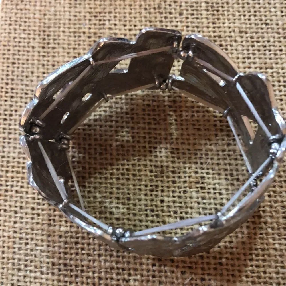 Silver tone wide stretch bracelet hammered